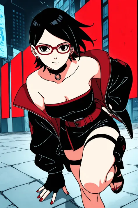 bare shoulders, jewelry, collarbone, jacket, earrings, shorts, choker, belt, black dress, black jacket, strapless, thigh strap, black shorts, strapless dress, holster, thigh holster, red belt, thigh pouch,Completed_120%, completed_130%, completed_150%, Sco...