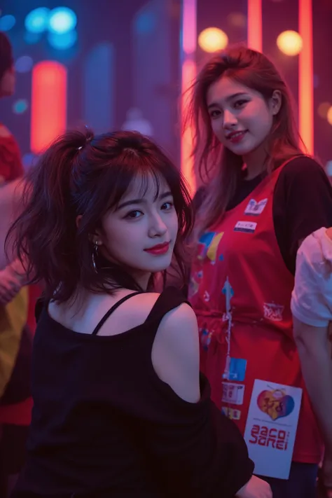 Multiple Young People Gathering at an 80s Party、vibrant atmosphere、Fashion、Smile Yan、relaxed expressions、Party Atmosphere、State of the dance、People who enjoy々、Neon lighting、High Contrast Light and Shadows、Nostalgic 80s Feel、realistic digital art、photoreali...