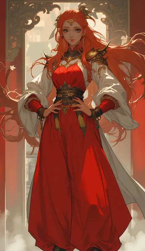 A vivacious young woman with flowing, deep crimson wavy hair, delicate upturned eyebrows, sharp, piercing eyes, and exquisite facial features, embodying a captivating blend of Central Asian and European heritage. A subtle smile plays on her lips, radiating...