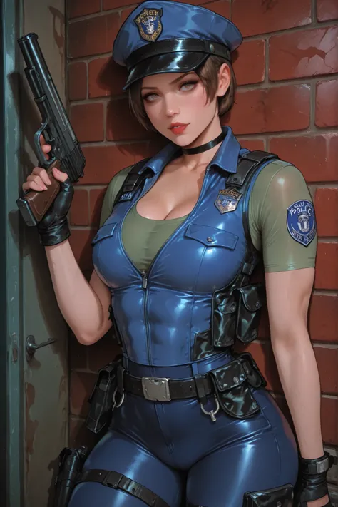 rebecca chambers "Female character Resident Evil 0",  Sexy Police Uniform , erotic, is in action with the gun in her hands