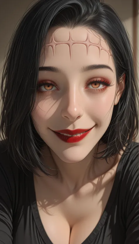 masterpiece, best quality, 1woman, solo, medium hair, black hair, brown eyes, lifeless eyes, forehead stitches, red lipstick, black shirt, cleavage, huge breasts,  Anime Coloring, wide smile, looking at viewer, close up, face focus, detailed face, detailed...