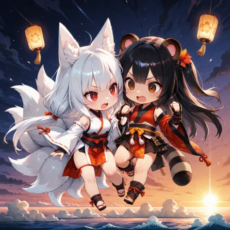 Highest Quality, ultra high definition, anime-style expression, ((2 people fighting)), Nine-tailed Fox Girl with long white hair and red eyes, Black Hair, Short Brown Eyes, Tanuki Girl, god々Shiny Light, Above the sea of clouds, Taoist Senjutsu, Majestic At...
