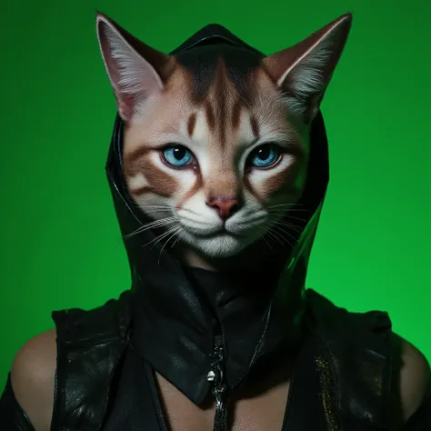 Anthropomorphic, Cinematic stage, The image shows a female wearing a cat mask and cuero chaqueta .  está de pie frente a una pared con una luz que lo ilumina., Hyperrealistic anthropomorphic cat-human female cat siamese . Hyperrealistic anthropomorphic cat...