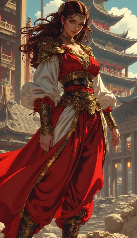 Masterpiece, 8k, best quality, hyper-detailed character illustration. A heroic female warrior of captivating Central Asian and European heritage. Sharp, piercing eyes, a subtle confident smile, delicate upturned eyebrows, exquisite facial features. Volumin...