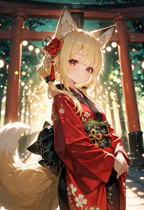 cute, 748cmstyle, (masterpiece:1.2, top quality), (beautiful detailed eyes: 1.2), ((1 Beautiful Girl)), (beautiful background:1.2), (very detailed CG, Super Detailed), (very detailed and beautiful:1.2), (Perfect Details:1.1), (bokeh lights, blurry light particles, dreamy atmosphere, soft blurred background:1.1), (a girl is standing in front of Trii gate), blond twin tails and blonde long hair Girl with fox ears on a pin, hair ornament, (dark red eyes), wearing a white and red kimono, (looking at viewer), ((smile)), fox ears with slightly droopy tips, fox's tail is growing, sincere atmosphere, background is Fushimi inari, Torii gates of Fushimi Inari, Ethereal and Haunting, natural lighting, lush green forest background, atmosphere is refreshing and the sunshine is streaming in,