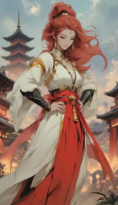 Masterpiece, 8k, best quality, hyper-detailed character illustration. A heroic female warrior of captivating Central Asian and European heritage. Sharp, piercing eyes, a subtle confident smile, delicate upturned eyebrows, exquisite facial features. Volumin...