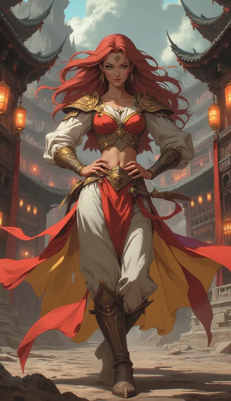 Masterpiece, 8k, best quality, hyper-detailed character illustration. A heroic female warrior of captivating Central Asian and European heritage. Sharp, piercing eyes, a subtle confident smile, delicate upturned eyebrows, exquisite facial features. Volumin...