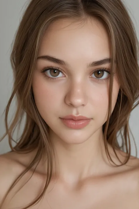 "Professional portrait photoshoot a young beautiful American woman, 23 years old. Close-up framing emphasizes a symmetrical, naturally attractive face with authentic detail — visible skin texture, and a healthy natural glow. Skin tone is rendered in fair. ...