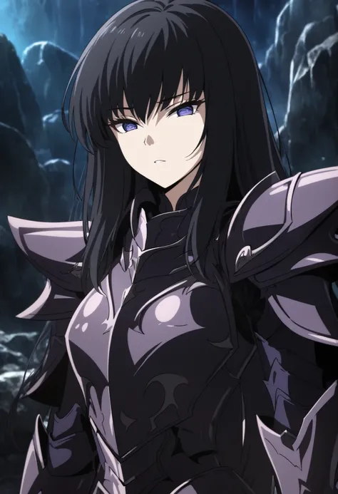 (high-quality, breathtaking),(expressive eyes, perfect face) Symmetrical Eyes, 1girl, female, solo, adult, looking at viewer, black background, narrow eyes, soft eerie blue lighting background, rock terrain background, Dark Purple Armor, trim, full plate a...