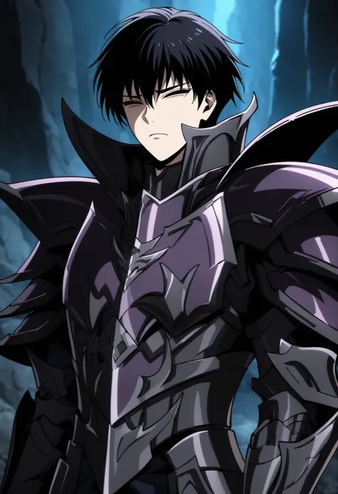 (high-quality, breathtaking),(expressive eyes, perfect face) Symmetrical Eyes, 1boy, male, solo, adult, looking at viewer, black background, narrow eyes, soft eerie blue lighting background, rock terrain background, Dark Purple Armor, trim, full plate armo...