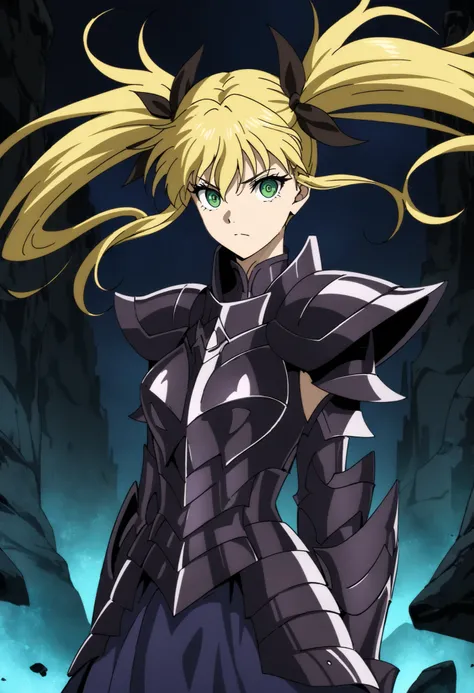 (high-quality, breathtaking),(expressive eyes, perfect face) Symmetrical Eyes, 1girl, female, solo, adult, looking at viewer, black background, narrow eyes, soft eerie blue lighting background, rock terrain background, Dark Purple Armor, trim, full plate a...