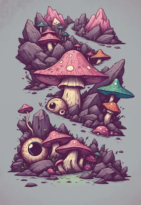 (the best quality)), ((masterpiece)), (detailed), ((Detailed illustration)), chopped view, a path surrounded by rocks, various kinds of giant fungi and giant human eyes (giant mushrooms and giant human eyes between rocks), (the rocks are shaped like rocky ...