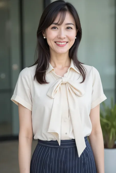 Mature 32-year-old Japanese woman. 
Lightly made-up, neat Japanese beauty.
Long face, well-defined eyebrows, thin and elegant lips.
Slender, smart proportions.
Long straight black hair in a ponytail.
Knee-length pencil skirt in dark blue pinstripes.
Ivory-...