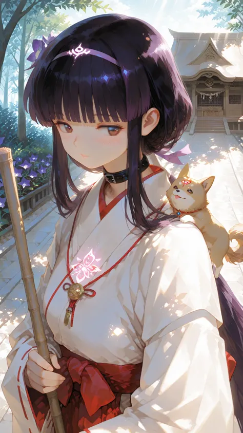 very long hair,  blunt bangs , temple, Ji Qie,,Hairband, long hair,  blunt bangs , temple, Low Ponytail,, bellflower dog, brunette, Brown eyes,,Outstanding Works,Slightly realistic, Excellent quality, light and shadow, 超high resolution, high resolution,ani...