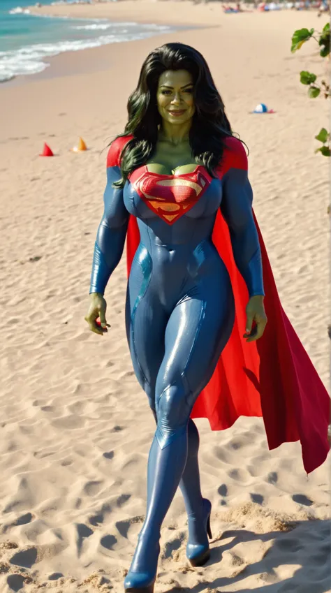 She Hulk from she Hulk serie, gorgeous girl illuminated, long hair, black hair, bimbo girl, green skinned girl, body view, cleavage, huge breast,  1girls, breasts, female , erect nipples, erect nipples, female focus, female only,   breasts, hourglass figur...