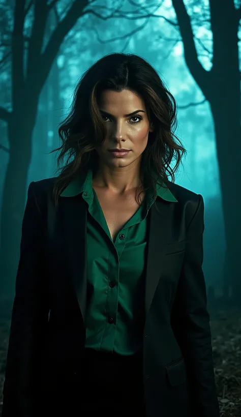 Sandra Bullock foco no rosto com terno preto e camisa verde por baixo Dark night forest with mystical blue glow in the background. Highly detailed, fantasy style, cinematic lighting."