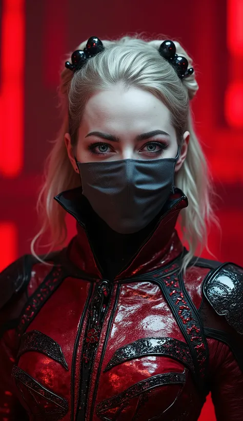 "Dark female assassin, wearing a red and black armored outfit with intricate patterns. Pale face with black eyes, blood tears, and a gray mask covering her mouth. Elegant hairstyle with black ornaments. Background with dim light and red mystical atmosphere...