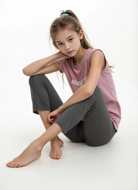 (teen girl: 2), Beautiful girl in gray leggings and shirt, petite body, slim legs, wide hips, best quality, masterpiece, super realistic, 8k, extremly detailed texture, 