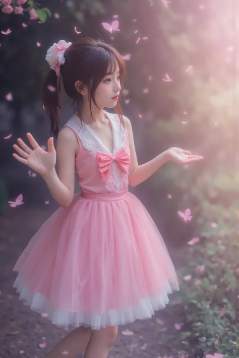 Cardcaptor Sakura,magic from the palm, shines brightly,portrait,Beautiful girl,big eyes,An elegant demeanor,butterfly々Feather , rainbow-colored light from heaven ,Delicate detail,8K,high resolution,masterpieces,photorealistic,Delicate skin,Vivid Colors,bok...