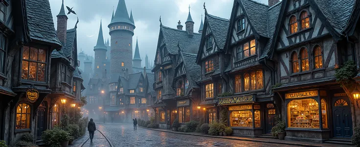 detailed architectural view, whimsical multi-story wizard shops leaning at impossible angles, Ollivanders with wands displayed in dusty windows, Flourish and Blotts bookshop with towering book stacks visible through windows, magical steam rising from cauld...