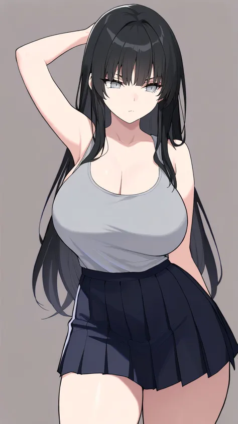 masterpiece, best quality, newest, absurdres, highres, detailed eyes, 1girl, solo, long hair, bangs, black hair, grey eyes, sharp-striking eyes, large breasts, tank top, pleated skirt, curvy, posing, simple background,