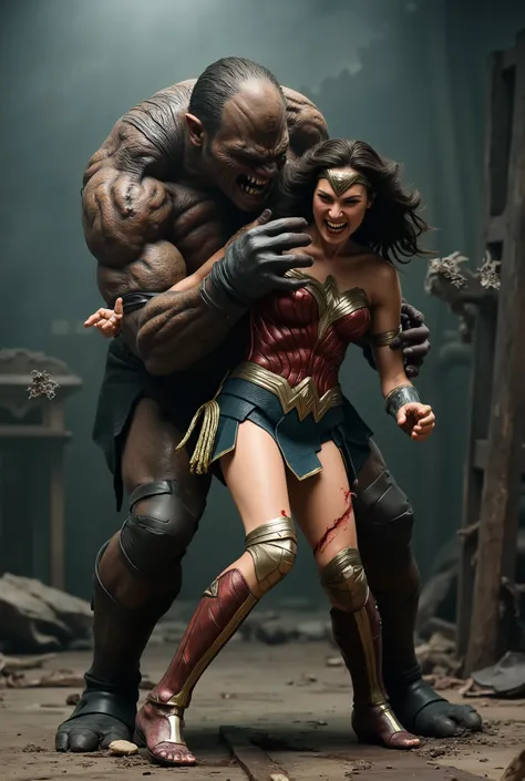 huge Creepy monster is attacking Wonder woman, grabbing her head tightly, torn clothes, Wonder woman is screaming in pain, she looks up and scream in pain, injury, tattered, exhaust,