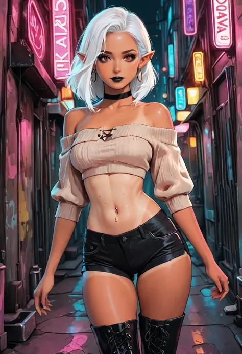 masterpiece, best quality, dark elf, elf ears, hoop earring, tan skin colors, white hair, medium hair, red eyes, black lips, black smoky makeup, beautiful face, beauty mark, medium breast, attractive body, casual look, cropped top, off-shoulder jacket, bla...
