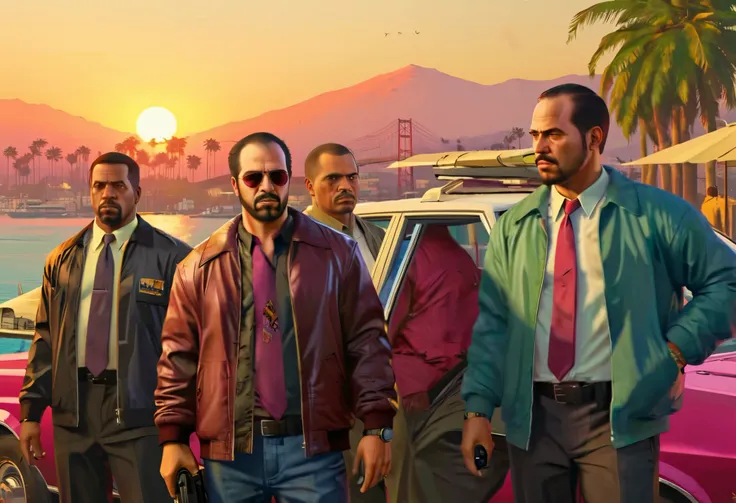 GTA Vice City loading screen style, A group of gangsters, platinum jewelry, diamond rings, in a luxury hotel lobby, sunset, arrogant posture, beautiful watches, high degree of detail digital painting, concept art,  smoother , keskin odak,  HDR , beautifull...