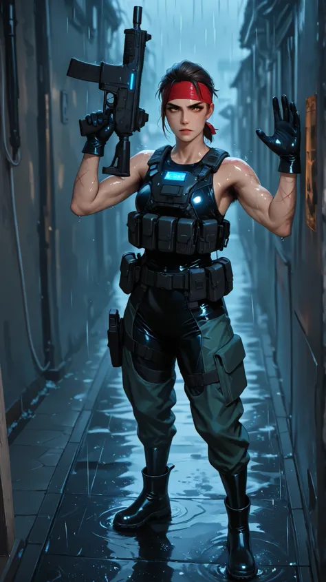high angle on the boss- elite stealth sneaking solider girl in scars, MULLET HAIRSTYLE, BANDANNA AROUND HEAD, RUBBER GLOVES, BODYSUIT, TIGHT RUBBER SNEAKING SUIT, gun with silencer,and tactical knife combined in combat poseHARNESS, POUCHES, , RUBBER BOOT...
