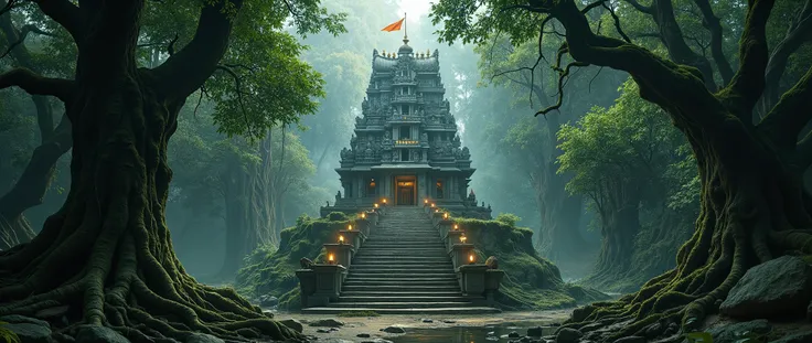 “An ultra-realistic cinematic photoshoot of a majestic Hindu temple deep inside a dark mystical forest. The temple is built in traditional South Indian style with intricate stone carvings, towering gopuram, and detailed sculptures of gods and sacred symbol...
