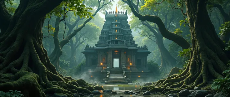 “An ultra-realistic cinematic photoshoot of a majestic Hindu temple deep inside a dark mystical forest. The temple is built in traditional South Indian style with intricate stone carvings, towering gopuram, and detailed sculptures of gods and sacred symbol...