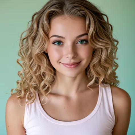 Realistic young woman, 25 years old, italian style, very realistic, clear, vivid eye color (e.g., emerald green), symmetrical face, model face, modern photography, long light pink curly hair, athletic figure, full breasts, lightly tanned skin, friendly smi...