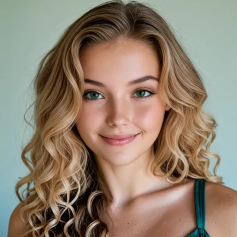 Realistic young woman, 25 years old, italian style, very realistic, clear, vivid eye color (e.g., emerald green), symmetrical face, model face, modern photography, long light pink curly hair, athletic figure, full breasts, lightly tanned skin, friendly smi...