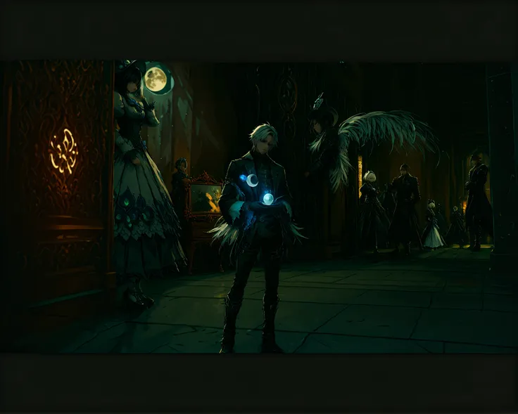 couple in costume standing in room, moon themed outfit, blade and soul, by ncsoft, aion, Scene <mmorpgs, fashion gameplay screenshot, peacock magician themed clothing, Thancred Waters у стилі wlop, inspired by Leng Mei, 2 b, 2b, стиль Lineage 2 Revolution