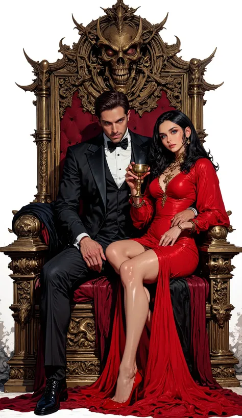 One photo ultra realistic painting. The Man wearing a tuxedo sits regally on a skull and bone-decorated throne, surrounded by an isolated white background. His right arm is extended downward, revealing a hand with a golden ring. A beautiful, realistic woma...