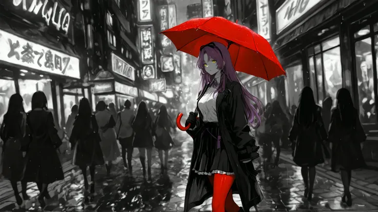 masterpiece, high quality, ultra-detailed, 1 girl, walking pose, modern shopping district, monochromatic grayscale, selective color emphasis, red umbrella popping with color, casual fashion, knee length pleated skirt, fitted blazer, medium length hair flow...