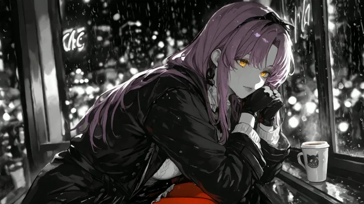 masterpiece, high quality, ultra-detailed, 1 girl, indoor cafe scene, monochromatic grayscale, selective color emphasis, blue raindrops on window glass in color, sitting by large window, chin resting on hand, reflective expression, cozy sweater, steam risi...