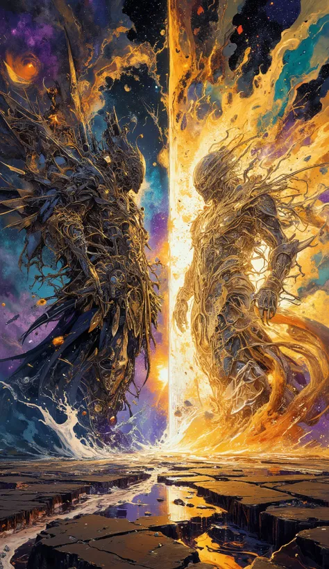 A breathtaking, cinematic, wide-angle shot of a 'Divine Argument' between two primordial deities in the Celestial Realm. The scene is a violent, beautiful clash of cosmic concepts. Deity of Order (Left): A towering figure of polished, geometric obsidian an...