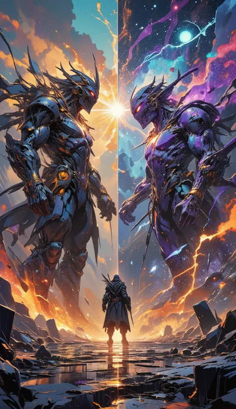 A breathtaking, cinematic, wide-angle shot of a 'Divine Argument' between two primordial deities in the Celestial Realm. The scene is a violent, beautiful clash of cosmic concepts. Deity of Order (Left): A towering figure of polished, geometric obsidian an...