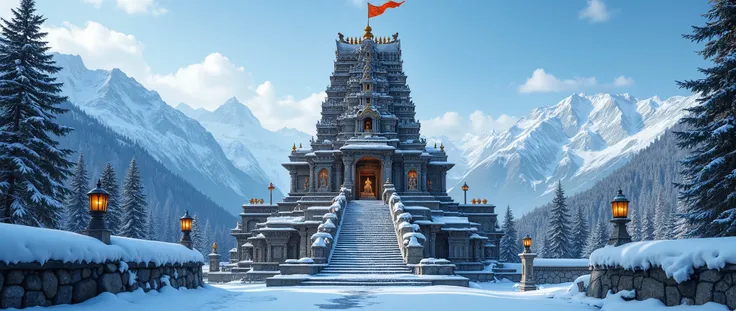 “An ultra-realistic cinematic front-facing photoshoot of a majestic Hindu temple high in the Himalayas, standing tall against snow-covered mountains. The temple is built in traditional South Indian style with intricate stone carvings, a towering gopuram, a...