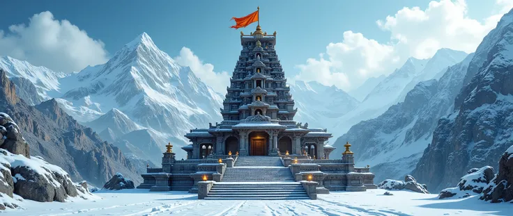 “An ultra-realistic cinematic front-facing photoshoot of a majestic Hindu temple high in the Himalayas, standing tall against snow-covered mountains. The temple is built in traditional South Indian style with intricate stone carvings, a towering gopuram, a...