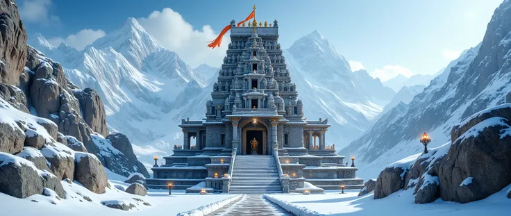 “An ultra-realistic cinematic front-facing photoshoot of a majestic Hindu temple high in the Himalayas, standing tall against snow-covered mountains. The temple is built in traditional South Indian style with intricate stone carvings, a towering gopuram, a...