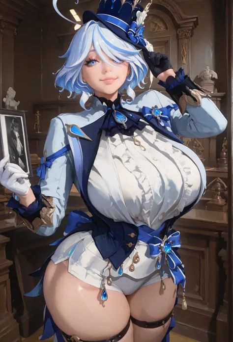 smile, grab a hat, indoors, formal, courtroom,c0rtr00m,asymmetrical gloves, black gloves, frills, gloves, half gloves, hat, shorts, tailcoat, thigh strap, top hat, white gloves, white shorts,furina, blue eyes, blue hair, cowlick, ahoge, hair over one eye, ...