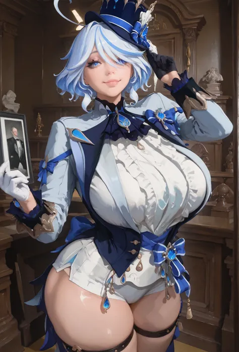 smile, grab a hat, indoors, formal, courtroom,c0rtr00m,asymmetrical gloves, black gloves, frills, gloves, half gloves, hat, shorts, tailcoat, thigh strap, top hat, white gloves, white shorts,furina, blue eyes, blue hair, cowlick, ahoge, hair over one eye, ...