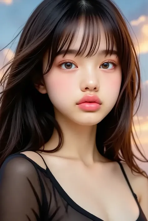 Highest Quality , work , ( realistic: 1 , 2) , 1 girl , Tee Hair , brown eyes , front in the sky , Detailed Color , beautiful eyes
