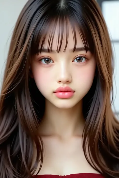 high resolution , long hair at Boro-Yado , Bang , brown hair、 2 . Woman、chest , Tokyo model 、: 168cm、　beautiful faces、smile、 Saggy Eyes , face close-up、  red laser skirt 、Knee High Boots、 blouse、girl sitting、nsfw、Knee High Boots、face close-up、 huge 、長いbrow...