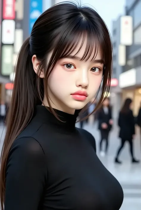 photorealistic , 8k full length portrait , beautiful woman , attractive expression , poneyTail , Clear Division , 16 years old ,  Tokyo  ,  winters  , Shibuya in the background