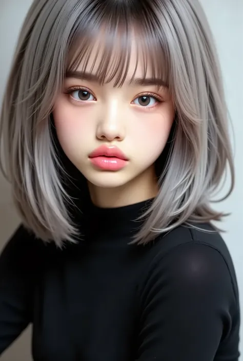 (8k、 realistic 、 Original photo、 Highest Quality : 1 . 4)、( one girl )、 beautiful faces、( Bright Face )、( grey hair:1 . 5)、( medium hair)、 beautiful hairstyle、（ It has a bang on one side、and one eye is hidden：1 . 5）、 realistic eyes、 Beautiful Details、（ rea...