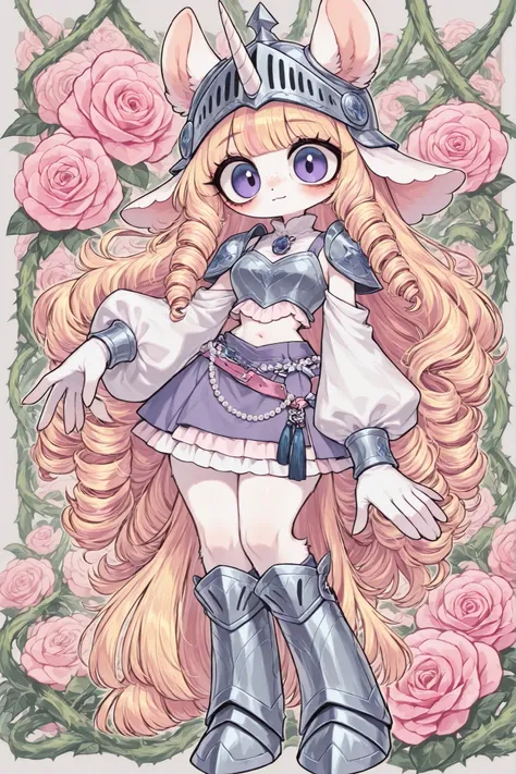 (edanoma_meu_illu,)furry girl is a medieval unicorn knight. She has tuned skin covered with peach blush and freckles. She has a tall figure with long unicorn hoof-legs. She has a long blonde unicorn tail with a ringlet curls tassel at the end. She has long...