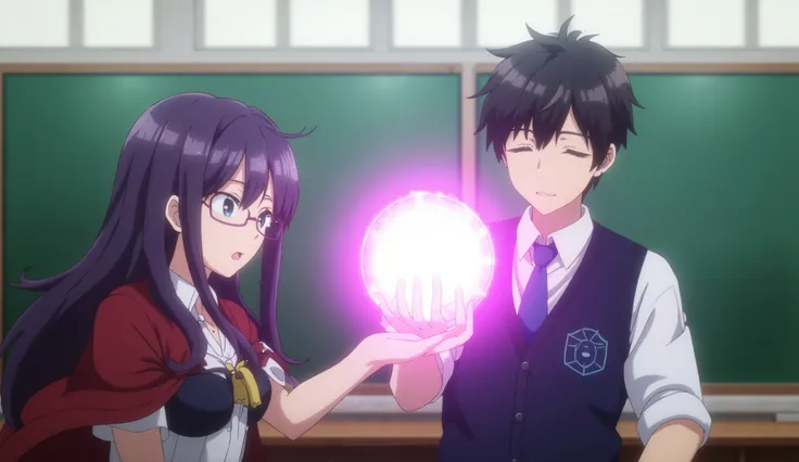 "Create an anime-style high school classroom scene. On the right stands a dark-haired male student wearing a white shirt, blue tie, and a dark school vest with an emblem. He has a completely bored and uninterested facial expression, half-lidded eyes, and n...